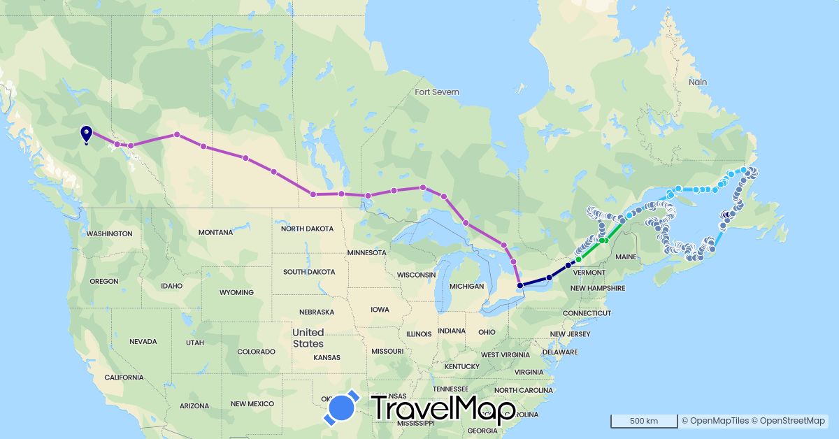 TravelMap itinerary: driving, bus, cycling, train, hiking, boat in Canada (North America)